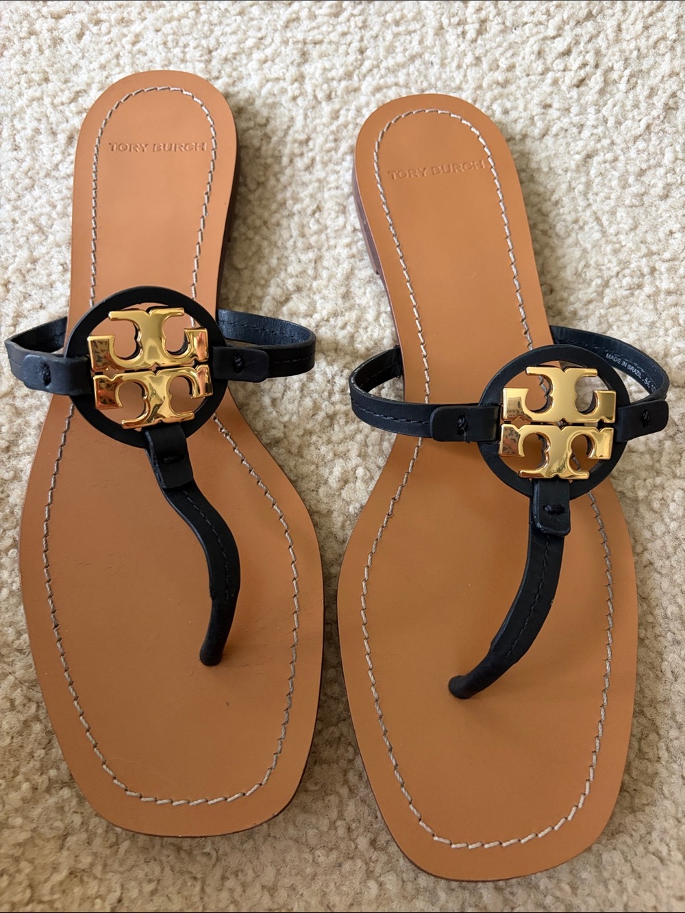 Tory Burch Black Leather Sandal with Gold Logo Medallion